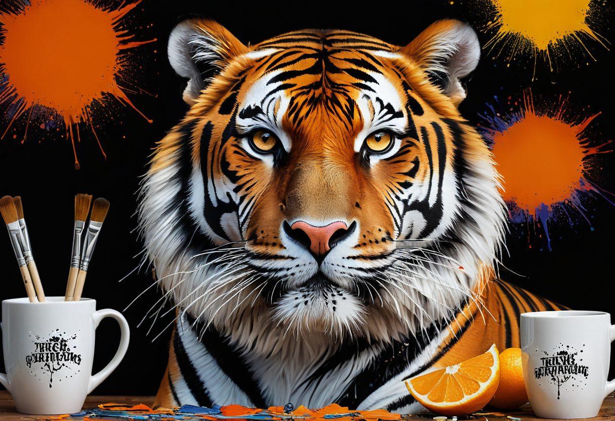 A vibrant fusion of artistic elements featuring a majestic tiger surrounded by colorful merchandise items like t-shirts, mugs, and paintings that embody the tiger culture. The background blends a creative studio environment with splashes of paint and brushes, illustrating the journey from art to product. Emphasize a sense of passion and creativity, with a bright and lively color palette. super-realistic. vibrant colors.